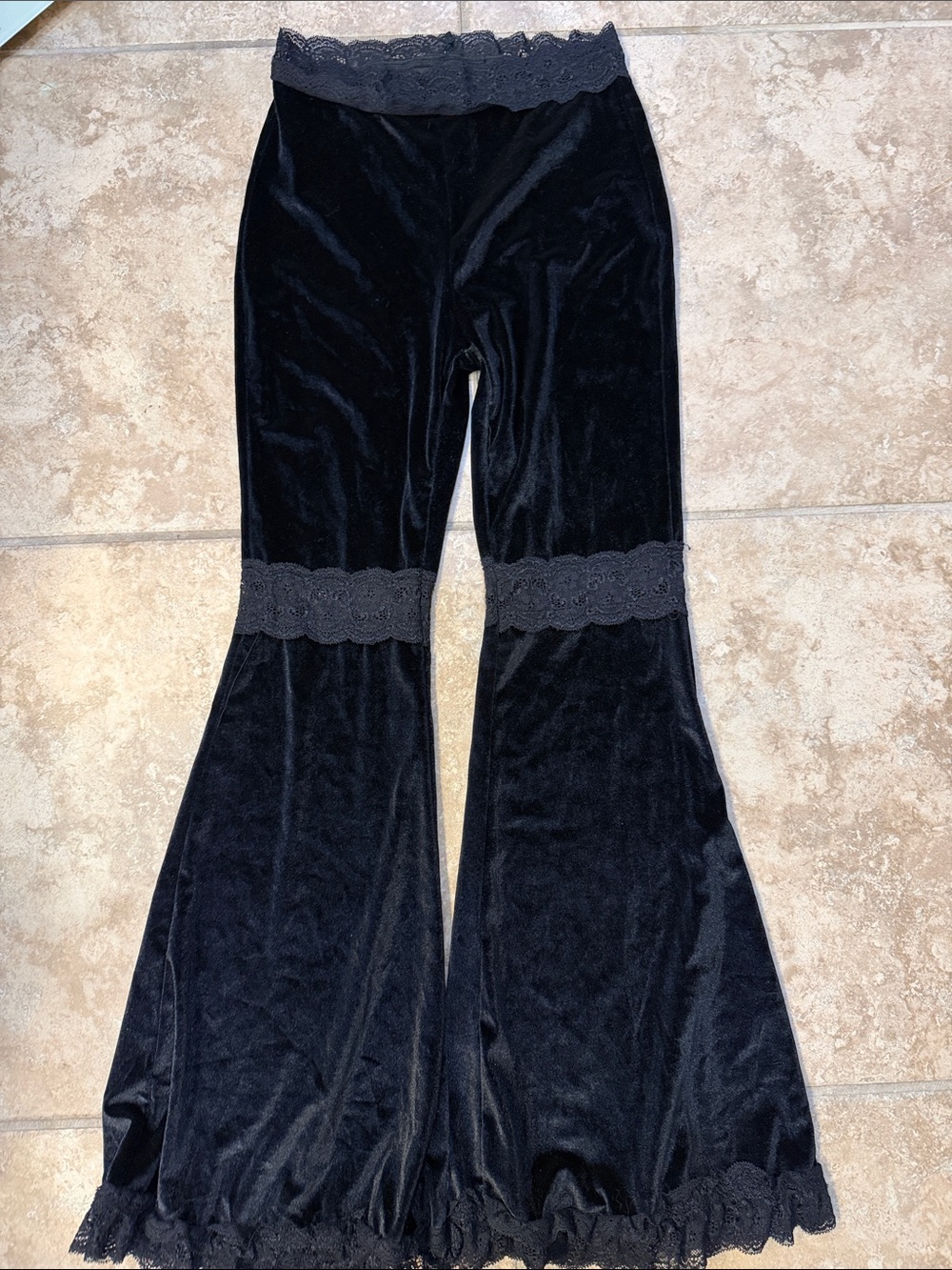 Black Velvet Lace-Trim Bell Bottoms - Kids